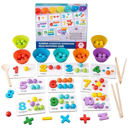 Siebkorb Holz Montessori Spielzeugset, Pädagogische Mathe Lernspielzeug Perlen, digitales Lernen aus Holz mit 56 Perlen, Essstäbchen und Löffeln, Geschenk ab 2 3 4 5 Jahr (A) von Siebkorb