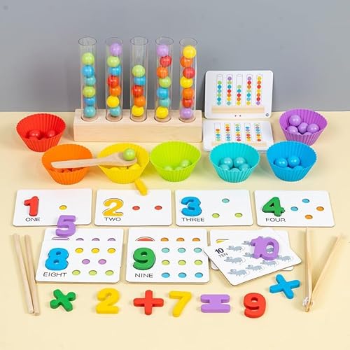 Siebkorb Holz Montessori Spielzeugset, Pädagogische Mathe Lernspielzeug Perlen, digitales Lernen aus Holz mit 56 Perlen, Essstäbchen und Löffeln, Geschenk ab 2 3 4 5 Jahr (B) von Siebkorb
