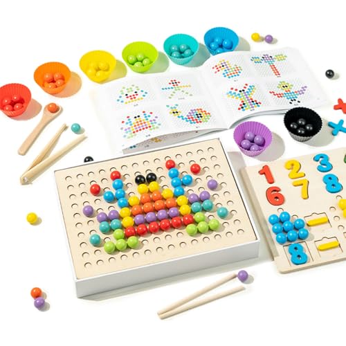 Siebkorb Holz Montessori Spielzeugset, Pädagogische Mathe Lernspielzeug Perlen, digitales Lernen aus Holz mit 56 Perlen, Essstäbchen und Löffeln, Geschenk ab 2 3 4 5 Jahr (C) von Siebkorb