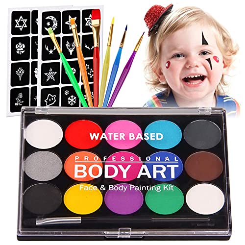 Kinderschminke Set Gesichtsfarbe, Siebwin Professionelle Schminkpalette 15 Farbe Waschbar Farben+24 Schablonen+7 Pinsel, Professionelle Organische Facepaints Für Kinder Geburtstag Geschenk von Siebwin