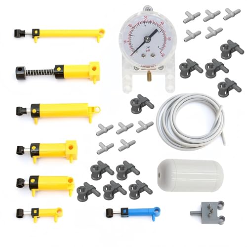 Siellmy Technik Pneumatik Kit, 31pcs Technic Hydraulikteile Pneumatik Zylinder Ersatzteile Set mit Luftpumpe Schalter Schlauch Luftdruckmesser Gastank, Kompatibel mit Große Marke von Siellmy