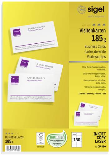 Sigel DP830 Bedruckbare Visitenkarten, microperforiert 85 x 55mm Hochweiß 150 St. Papierformat: DIN von Sigel