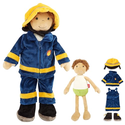 SIGIKID 42859 Lernpuppe Feuerwehrmann, Plüsch Anziehpuppe, Kleidung an-&ausziehen: Knöpfe, Klett, Reißverschluss: spielen, lernen, kuscheln - für Kinder ab 12 Monaten, Mehrfarbig/Feuerwehrmann 45 cm von Sigikid