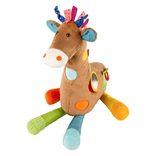 SIGIKID 42863 Babyspielzeug XXL Giraffe, PlayQ Lernspielzeug, Kissen-Plüschtier mit Beißring, Rassel, Spiegel, Quietsche, für Babys & Kinder ab 3 Monaten, Mehrfarbig/Giraffe 72 cm von Sigikid