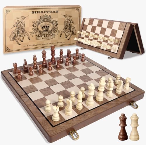 Sihaiyuan Schachspiel, Magnetisches Holz-Schachbrett, Schach- und Damespiel, Reiseschach für Erwachsene und Kinder, Klappbares Aufbewahrungsbrett (39×39 cm) von Sihaiyuan
