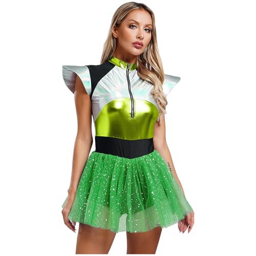 SiiRoh Damen Alien Kostüm Metallisch Glänzend Minikleid Leoard Body mit Tutu Rock Erwachsene Astronaut Raumfahrer Rollenspiel Kostüm Grün 4XL SiiRoh Damen Alien Kostüm Metallisch Glänzend Minikleid Leoard Body mit Tutu Rock Erwachsene Astronaut Raumfahrer Rollenspiel Kostüm Grün 4XL von SiiRoh
