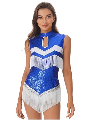 SiiRoh Damen Cheerleading Kostüm Cheer Uniform Outfits Glitzernder Pailletten Fransen Bodysuit Tanzbekleidung Blau XXL von SiiRoh