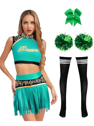 SiiRoh Damen Cheerleading Kostüm Stück Outfit Crop Tanktop Mit Rock Accessoires Für Halloween Grün XXL von SiiRoh