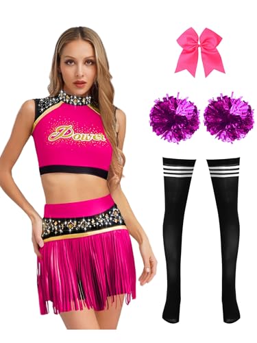 SiiRoh Damen Cheerleading Kostüm Stück Outfit Crop Tanktop Mit Rock Accessoires Für Halloween Pink M von SiiRoh