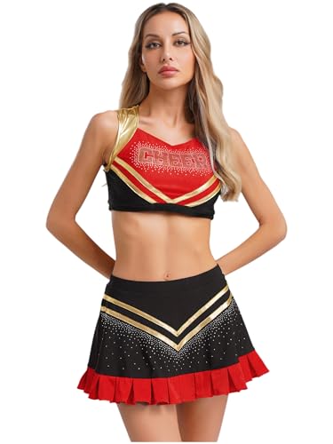SiiRoh Damen Cheerleading Uniform Outfits Ärmelloses Crop Top Mit Rüschenrock Cheerleading Kostüm Rot XXL SiiRoh Damen Cheerleading Uniform Outfits Ärmelloses Crop Top Mit Rüschenrock Cheerleading Kostüm Rot XXL von SiiRoh