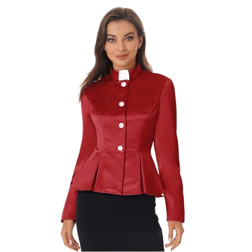 SiiRoh Damen Elegantes Geistlichenhemd Langärmliges Plissiertes Peplum Knopfbluse Geistlichenkostüm Burgund XXL von SiiRoh