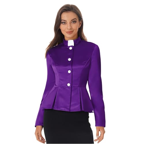 SiiRoh Damen Elegantes Geistlichenhemd Langärmliges Plissiertes Peplum Knopfbluse Geistlichenkostüm Lila XXL von SiiRoh