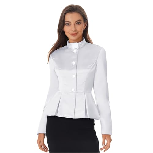 SiiRoh Damen Elegantes Geistlichenhemd Langärmliges Plissiertes Peplum Knopfbluse Geistlichenkostüm Weiß S von SiiRoh