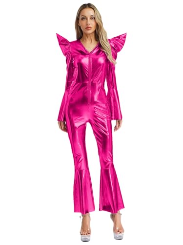 SiiRoh Damen Glänzender Metallischer Schlaghosenoverall Retrodiscokostüm Schulterpolster Tanzoveralls Pink XL von SiiRoh