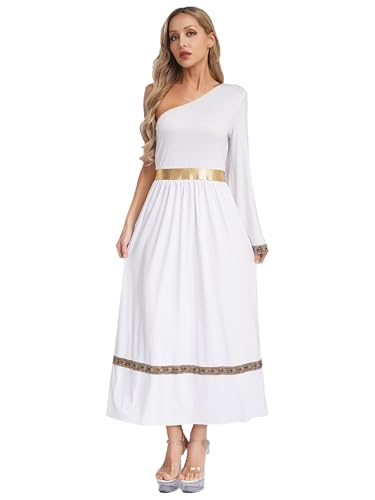 SiiRoh Damen Griechisches Kostüm Römische Kaiserin Cosplay Ein Schulter Langärmeliges Tunika Kleid Outfits Weiß 3XL von SiiRoh
