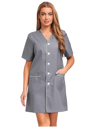 SiiRoh Damen Kurzärmliges Vausschnitt Knopf Unten Arbeitskleid Knielanges Kleid Mit Taschen Berufskleidung Grau L SiiRoh Damen Kurzärmliges Vausschnitt Knopf Unten Arbeitskleid Knielanges Kleid Mit Taschen Berufskleidung Grau L von SiiRoh