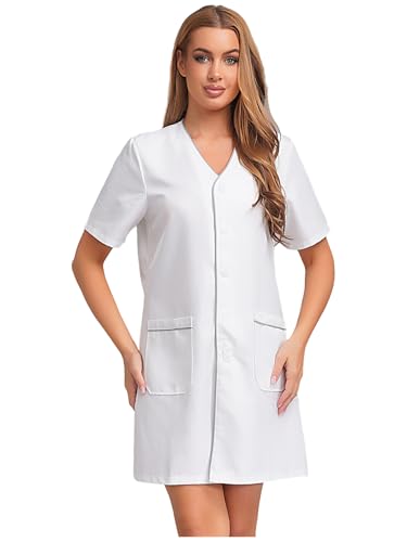SiiRoh Damen Kurzärmliges Vausschnitt Knopf Unten Arbeitskleid Knielanges Kleid Mit Taschen Berufskleidung Weiß L SiiRoh Damen Kurzärmliges Vausschnitt Knopf Unten Arbeitskleid Knielanges Kleid Mit Taschen Berufskleidung Weiß L von SiiRoh