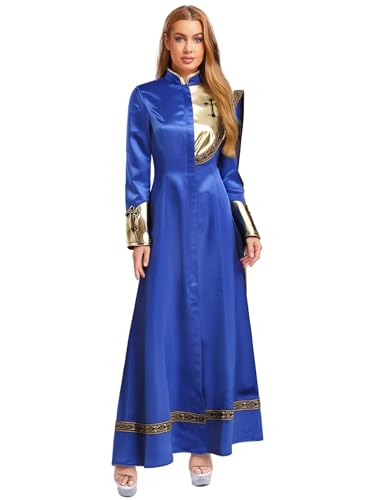 SiiRoh Damen Priester Kostüm Glänzend Metallisch Drapiert Langärmlig Kanzelrobe Geistlicher Cosplay Outfits Königsblau S von SiiRoh