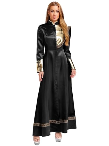 SiiRoh Damen Priester Kostüm Glänzend Metallisch Drapiert Langärmlig Kanzelrobe Geistlicher Cosplay Outfits Schwarz M von SiiRoh