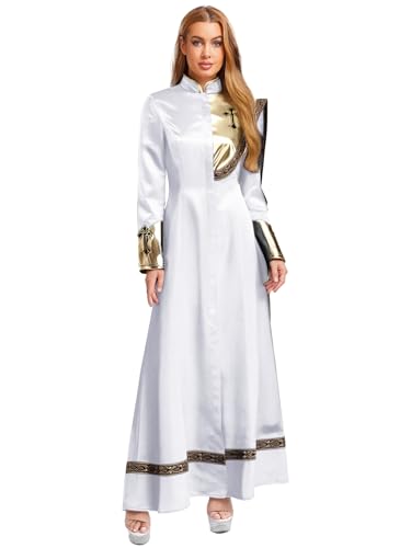 SiiRoh Damen Priester Kostüm Glänzend Metallisch Drapiert Langärmlig Kanzelrobe Geistlicher Cosplay Outfits Weiß M von SiiRoh