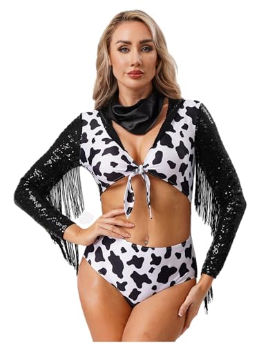 SiiRoh Damen Retro Cowgirl Kostüm Fransen Langarm Ausschnitt Bodysuit Für Halloween Party Schwarz 3XL SiiRoh Damen Retro Cowgirl Kostüm Fransen Langarm Ausschnitt Bodysuit Für Halloween Party Schwarz 3XL von SiiRoh