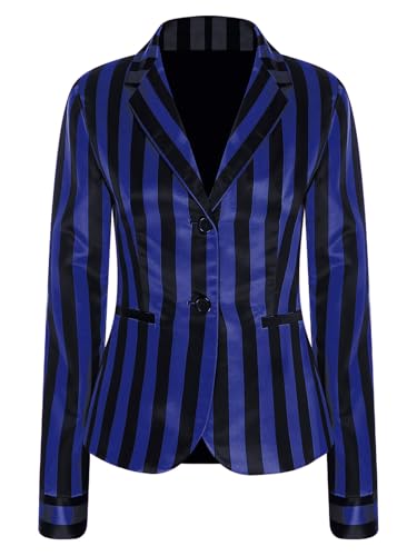 SiiRoh Damen Schuluniform Kostüm Gestreifter Stehkragen Langarm Blazer Jacke Mit Knöpfen Königsblau 3XL von SiiRoh