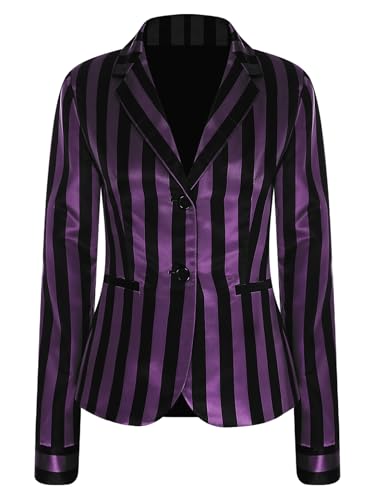 SiiRoh Damen Schuluniform Kostüm Gestreifter Stehkragen Langarm Blazer Jacke Mit Knöpfen Lila L SiiRoh Damen Schuluniform Kostüm Gestreifter Stehkragen Langarm Blazer Jacke Mit Knöpfen Lila L von SiiRoh