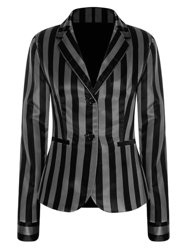 SiiRoh Damen Schuluniform Kostüm Gestreifter Stehkragen Langarm Blazer Jacke Mit Knöpfen Schwarz XL von SiiRoh