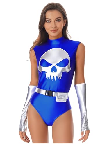 SiiRoh Damen Totenkopf Halloween Kostüm Gruseliges Skelett Glänzender Metallischer Bodysuit Mit Überärmeln Königsblau L SiiRoh Damen Totenkopf Halloween Kostüm Gruseliges Skelett Glänzender Metallischer Bodysuit Mit Überärmeln Königsblau L von SiiRoh