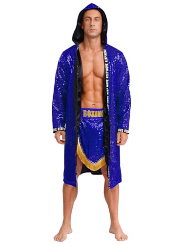 SiiRoh Erwachsene Herren Boxer Kostüm Teilig Glänzend Sequin Kapuze Offene Vorderseite Box Robe Mit Shorts Blau XXL SiiRoh Erwachsene Herren Boxer Kostüm Teilig Glänzend Sequin Kapuze Offene Vorderseite Box Robe Mit Shorts Blau XXL von SiiRoh