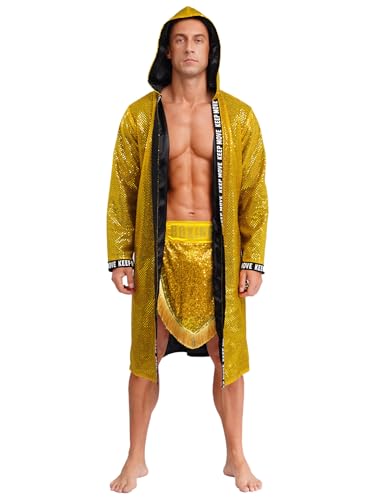 SiiRoh Erwachsene Herren Boxer Kostüm Teilig Glänzend Sequin Kapuze Offene Vorderseite Box Robe Mit Shorts Gold 3XL SiiRoh Erwachsene Herren Boxer Kostüm Teilig Glänzend Sequin Kapuze Offene Vorderseite Box Robe Mit Shorts Gold 3XL von SiiRoh