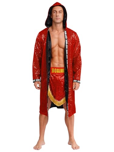 SiiRoh Erwachsene Herren Boxer Kostüm Teilig Glänzend Sequin Kapuze Offene Vorderseite Box Robe Mit Shorts Rot XL von SiiRoh