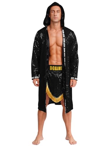 SiiRoh Erwachsene Herren Boxer Kostüm Teilig Glänzend Sequin Kapuze Offene Vorderseite Box Robe Mit Shorts Schwarz 3XL von SiiRoh