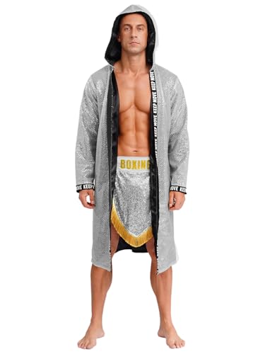 SiiRoh Erwachsene Herren Boxer Kostüm Teilig Glänzend Sequin Kapuze Offene Vorderseite Box Robe Mit Shorts Silber XL von SiiRoh