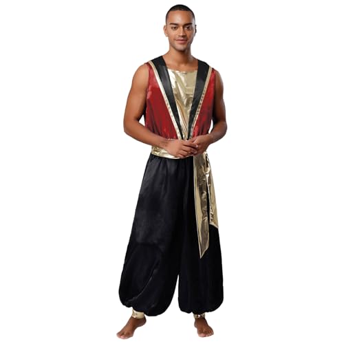 SiiRoh Herren Arabischer Prinz Kostüm Halloween Fasching Fasching Rollenspiel Overall Ärmellos Einteiler Jumpsuit mit Gürtel Mottoparty Cosplay Outfit Burgundy M SiiRoh Herren Arabischer Prinz Kostüm Halloween Fasching Fasching Rollenspiel Overall Ärmellos Einteiler Jumpsuit mit Gürtel Mottoparty Cosplay Outfit Burgundy M von SiiRoh