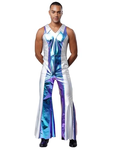 SiiRoh Herren Farbblock Patchwork Disco Overall Metallisch Glänzend Ärmellose Ausgestellte Romper Outfits Blau L SiiRoh Herren Farbblock Patchwork Disco Overall Metallisch Glänzend Ärmellose Ausgestellte Romper Outfits Blau L von SiiRoh