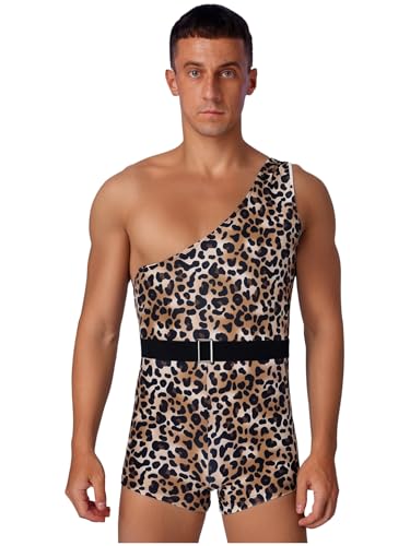 SiiRoh Herren Höhlenmensch Kostüm Native American Cosplay Ein Schulter Bodysuit Für Halloween Party Leopard 3XL von SiiRoh