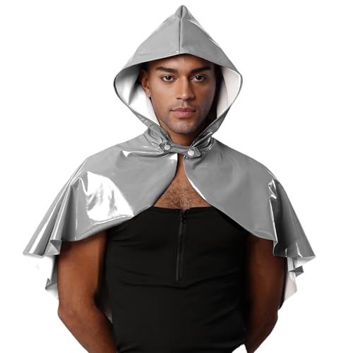 SiiRoh Herren Mittelalterliches Kostüm Kunstleder Kapuze Mit Kapuze Nasser Look Schulterumhang Für Halloween Party Silber Einheitsgröße von SiiRoh