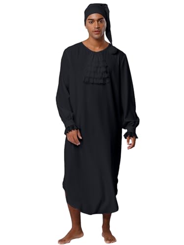 SiiRoh Herren Nachthemd Mit Rüschenkragen Viktorianischem Stil Langärmlig Mit Gebogener Saum Schlafhemd Und Nachtmütze Schwarz 3XL von SiiRoh