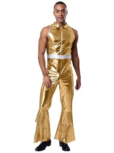 SiiRoh Herren Vintage Disco Tanzkostüm Glänzender Metallischer Ärmelloser Schlaghosen Overall Clubwear Gold XL SiiRoh Herren Vintage Disco Tanzkostüm Glänzender Metallischer Ärmelloser Schlaghosen Overall Clubwear Gold XL von SiiRoh