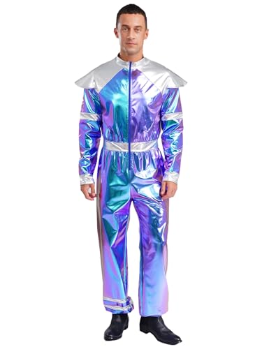 SiiRoh Männer Außerirdisches Kostüm Metallisch Glänzender Overall Astronauten Raumanzug Für Halloween Party Blau XXL von SiiRoh