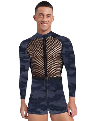 SiiRoh Männer Commando Uniform Kostüm Durchsichtiges Fischnetz Patchwork Langarm Bodysuit Clubwear Grau 3XL SiiRoh Männer Commando Uniform Kostüm Durchsichtiges Fischnetz Patchwork Langarm Bodysuit Clubwear Grau 3XL von SiiRoh