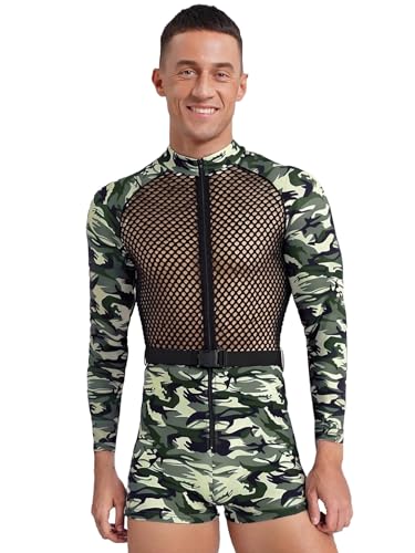 SiiRoh Männer Commando Uniform Kostüm Durchsichtiges Fischnetz Patchwork Langarm Bodysuit Clubwear Grün 3XL SiiRoh Männer Commando Uniform Kostüm Durchsichtiges Fischnetz Patchwork Langarm Bodysuit Clubwear Grün 3XL von SiiRoh