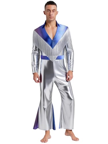 SiiRoh Männer Disco Party Outfits Farbblock Metallfranse Langarm Ausgestellter Bein Overall Silber L von SiiRoh