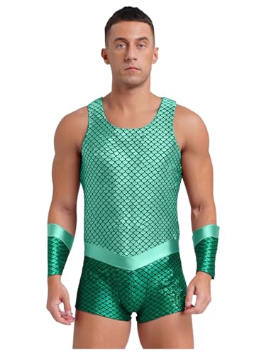SiiRoh Männer Meerjungfrau Kostüm Fischschuppen Druck Metallisch Ärmelloser Bodysuit Meereskönig Rollenspeil Kostüm Mintgrün 3XL von SiiRoh