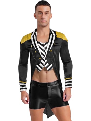 SiiRoh Männer Zirkusmeister Kostüm Gestreifte Patchwork Langarm Frack Jacken Schwarz 3XL von SiiRoh