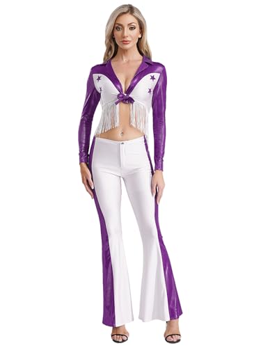 SiiRoh dam Western Cowgirl Costume Contarst Color V Neck Long Sleeve Crop Top Mit Glockenhosen Lila L von SiiRoh