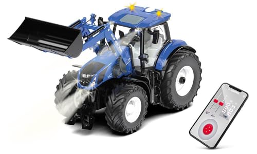 siku 6797, New Holland T7.315 Traktor mit Frontlader, Blau, Metall/Kunststoff, 1:32, Ferngesteuert, Ohne Fernsteuermodul, Steuerung per Bluetooth via App von Siku