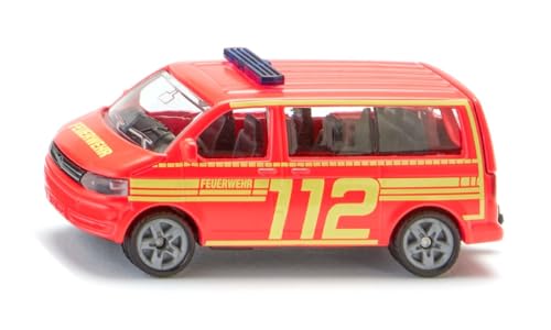 Siku 1547, VW T5 Feuerwehr Einsatzleitung, Metall/Kunststoff, Rot/Gelb, Spielzeugauto für Kinder, Heckklappe zum Öffnen, Anhängerkupplung von Siku