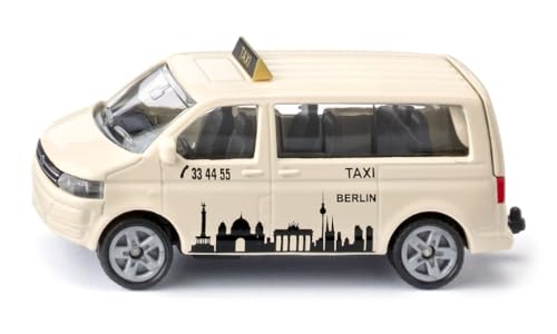 Siku 1555, VW T5 Großraumtaxi, Metall/Kunststoff, Beige, Spielzeugauto für Kinder, Berlin-Bedruckung, Gummireifen, Heckklappe zum Öffnen von Siku